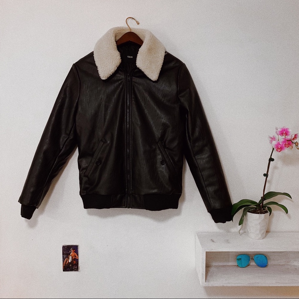 ASOS Leather Bomber Jacket w Faux Shearling Collar